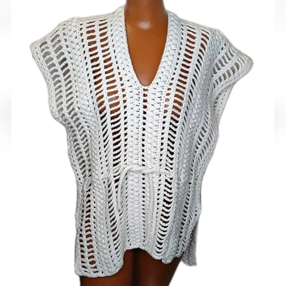 Boho Fisherman Loose Knit Sweater Tunic Cover-Up Top White Rope Belted Beach OS
